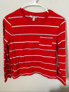 Banana Republic Red and White Striped Crewneck Long Sleeve Pocket Tee